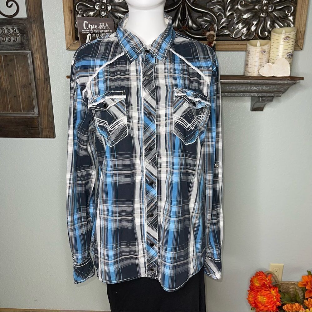 Buckle Black Blue Plaid Long Sleeve Snap DowLarge Men’s